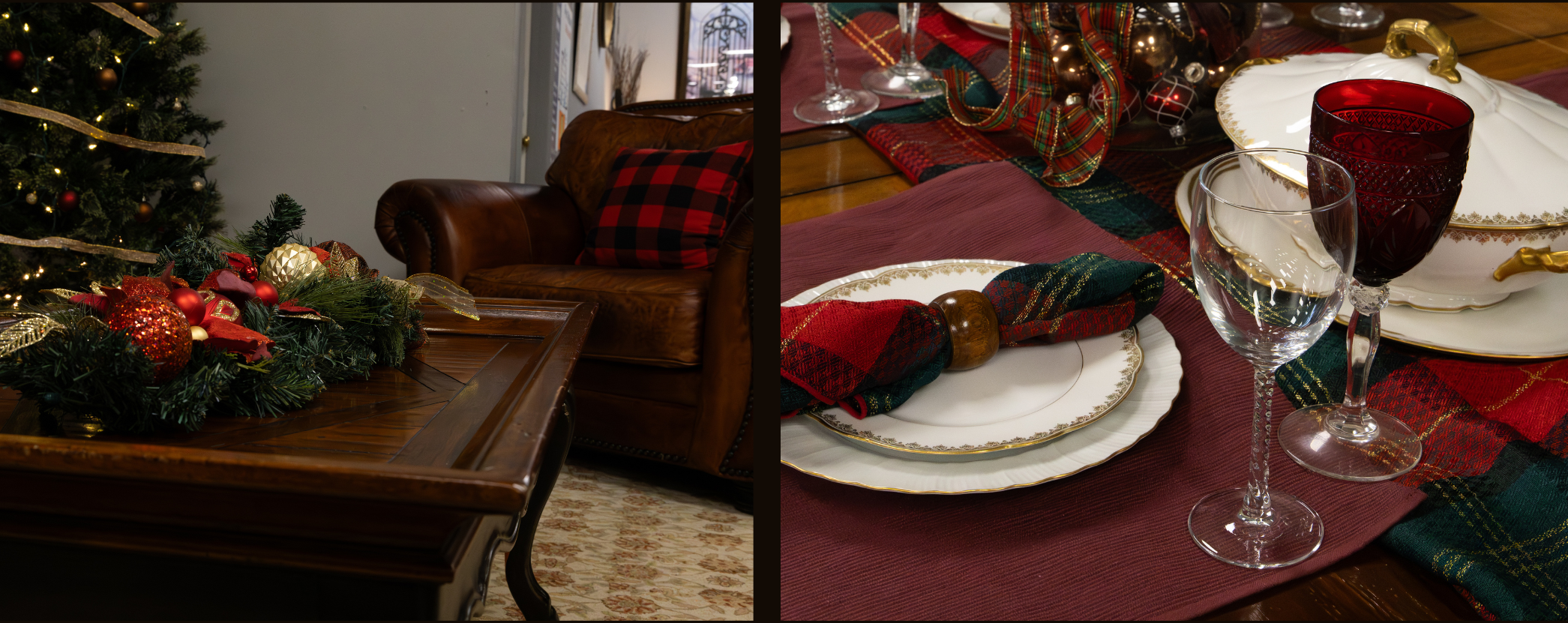 Ralph Lauren-inspired Christmas living room vignette and tablescape at the ReStore
