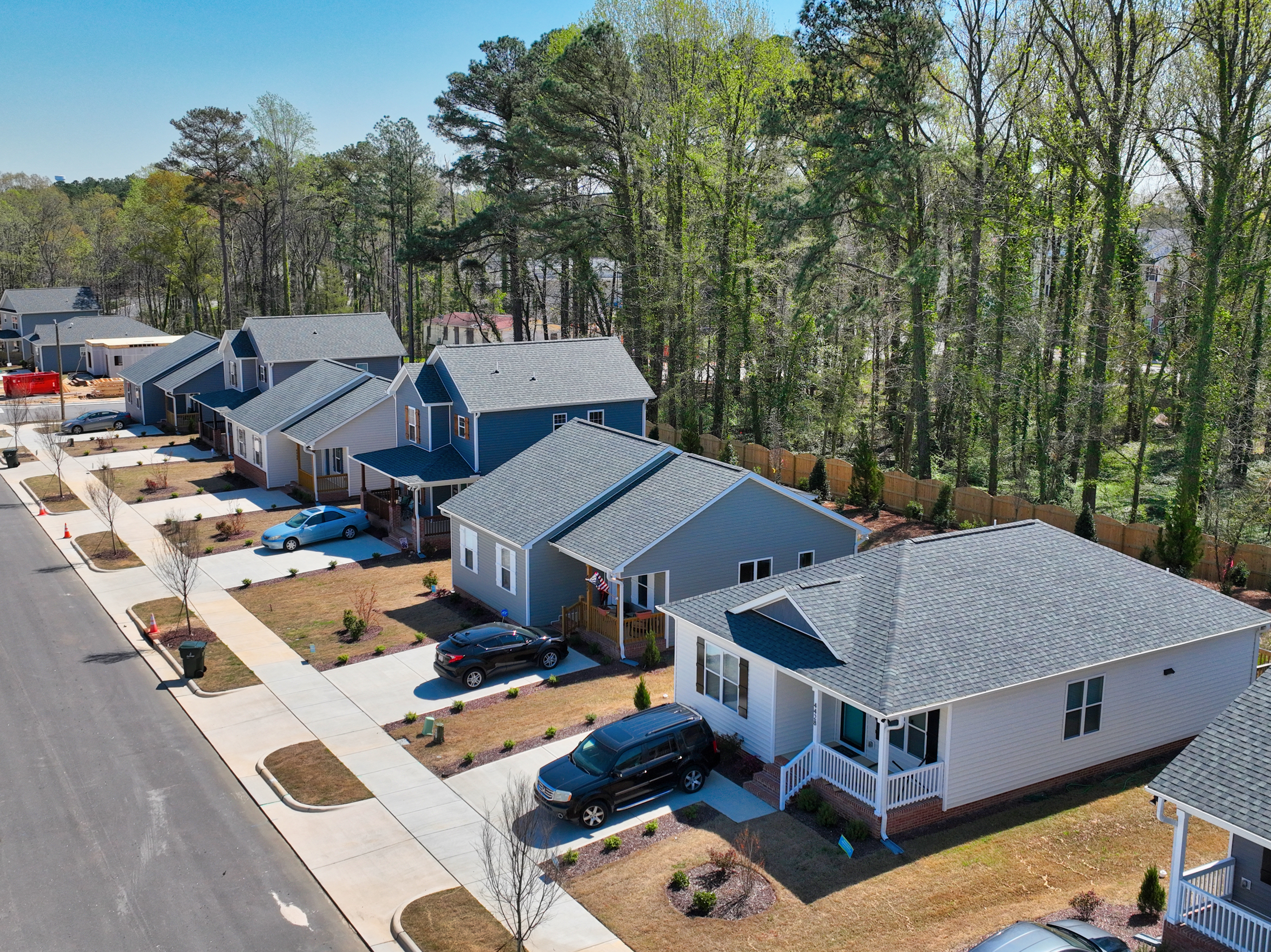 Aerial photo of homes in Habitat's Old Poole Place neighborhood in Raleigh, NC