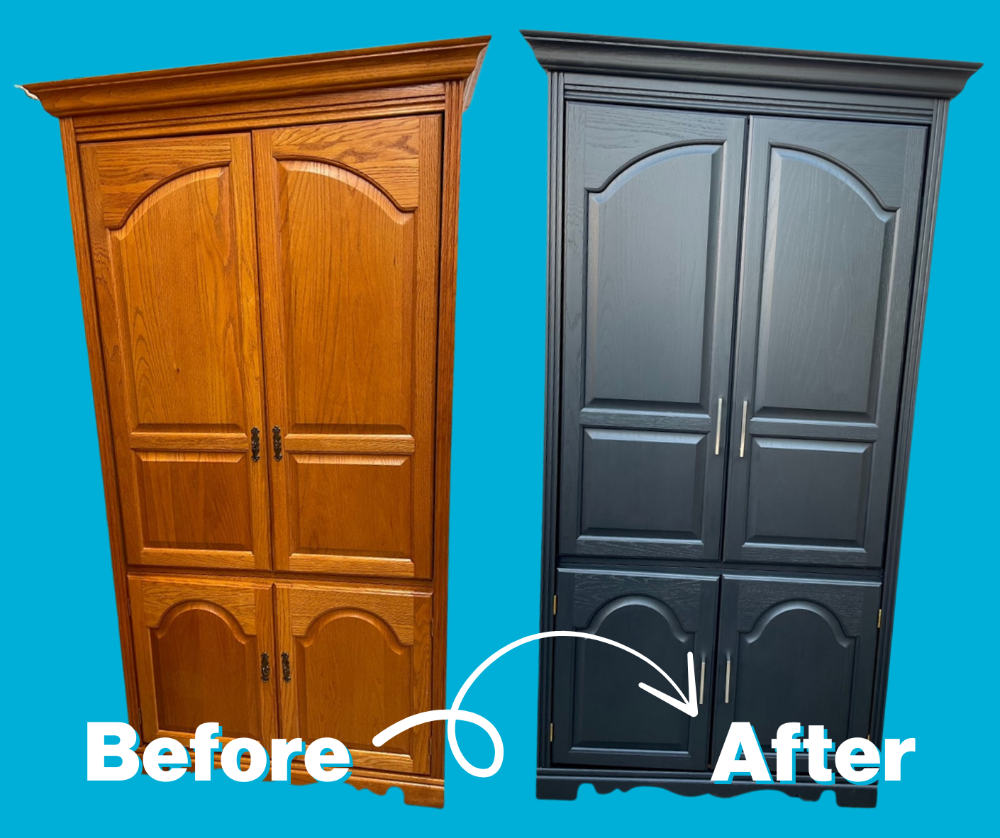 Before and after of Kelley's bar cabinet transformation. Before: old cedar TV armoire. After: modern black bar cabinet