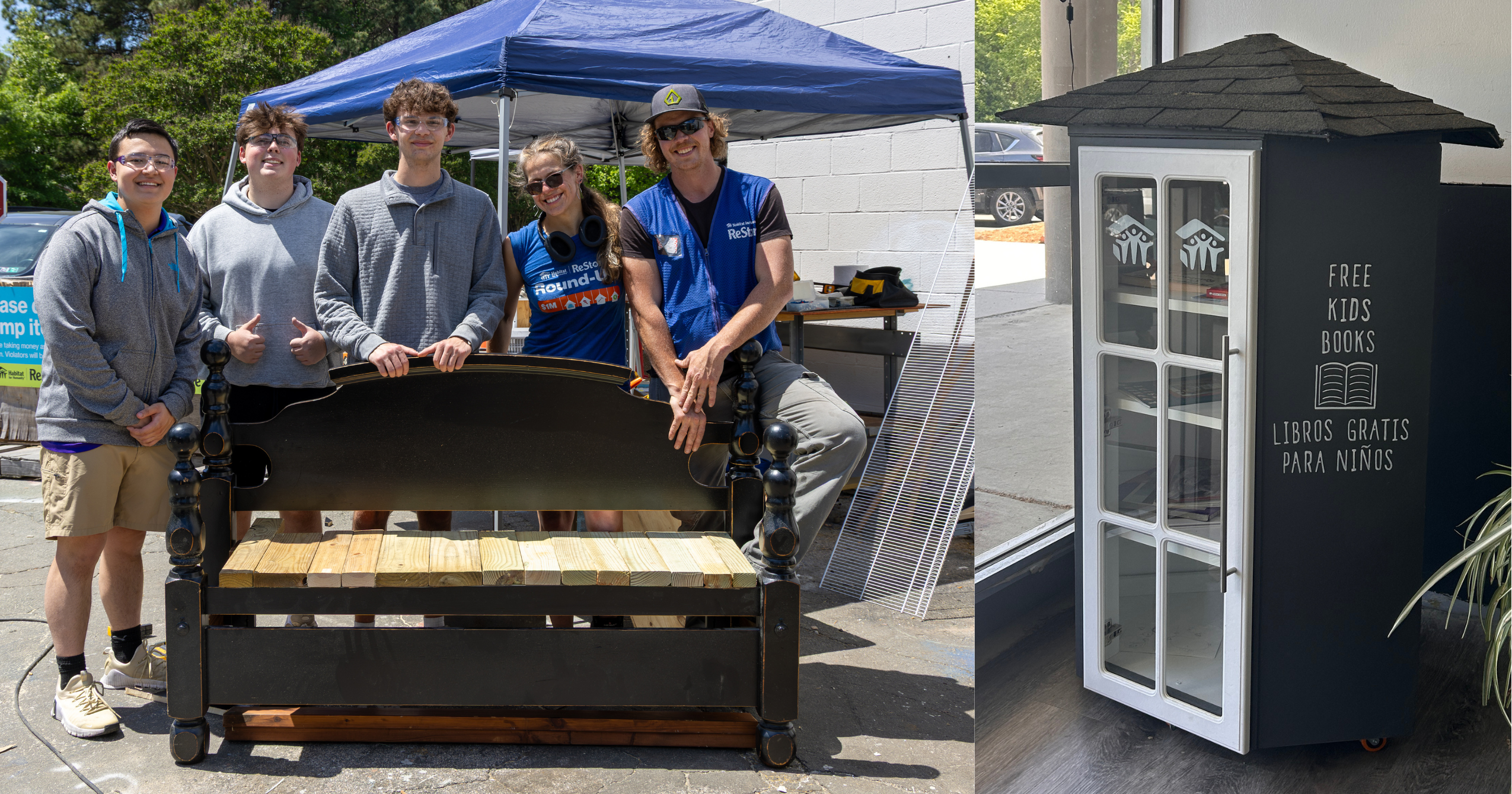 Student volunteers and ReStore staff pose in front of upcycled bench