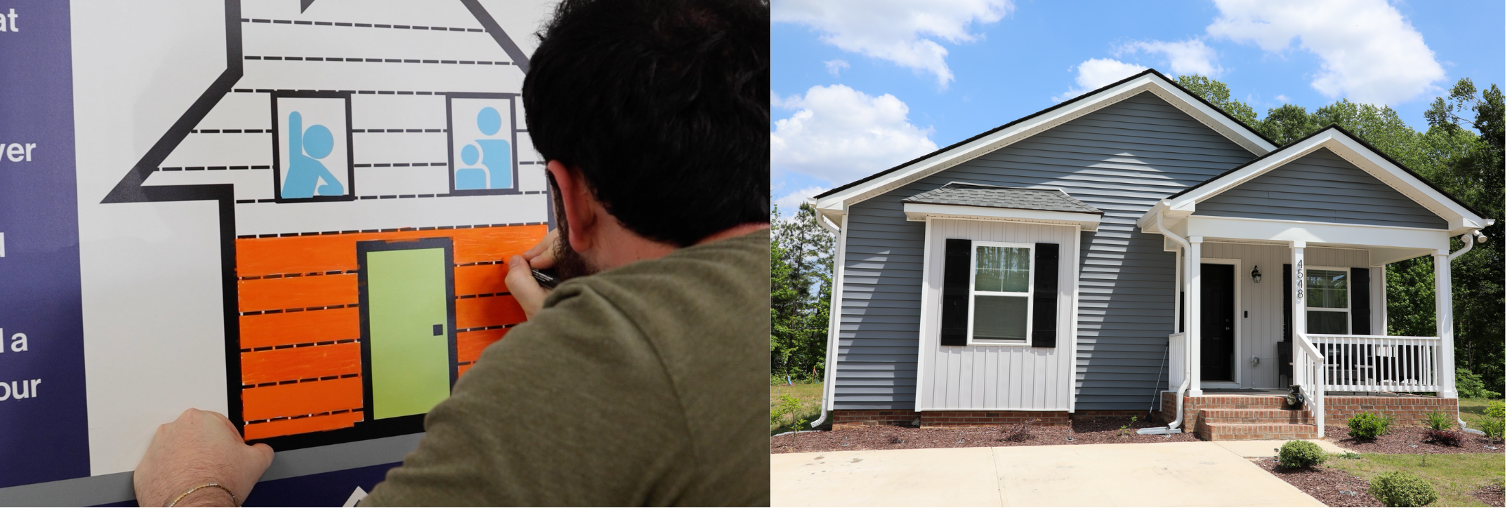 Staff member filling out round-up fundraising tracking poster in the ReStore next to finished ReStore Round-Up House in Raleigh NC